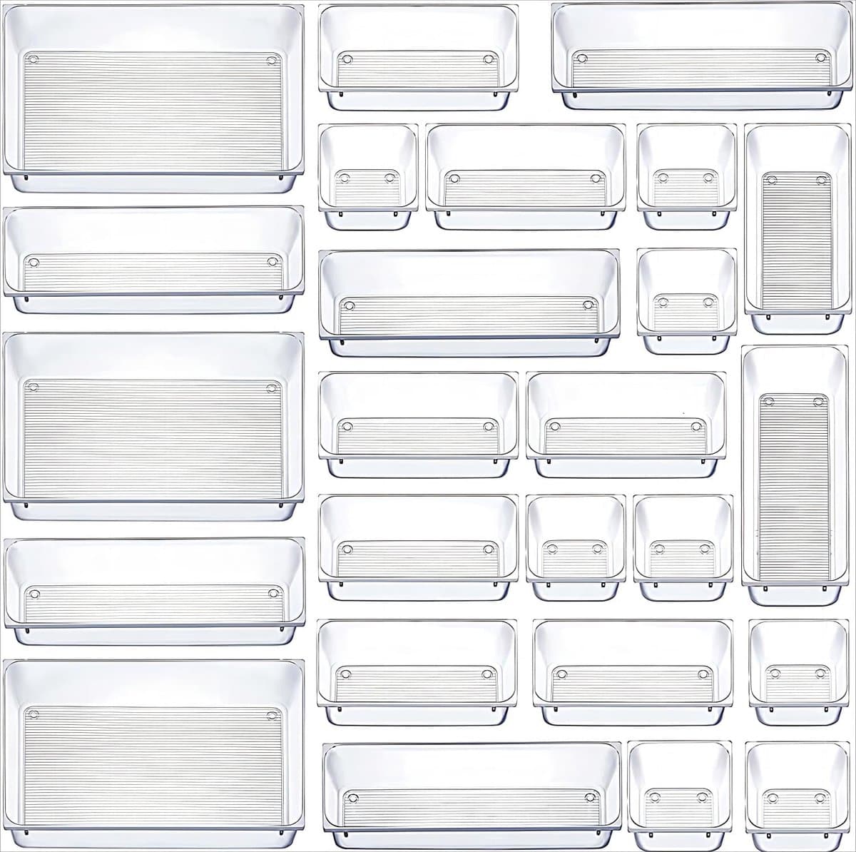 25 stuks lade-organizer van helder kunststof, bureauladeverdeler, tablets, commode, opbergdozen, scheidingsdozen voor make-up, sieraden en gadgets, slaapkamer, badkamer, kantoor