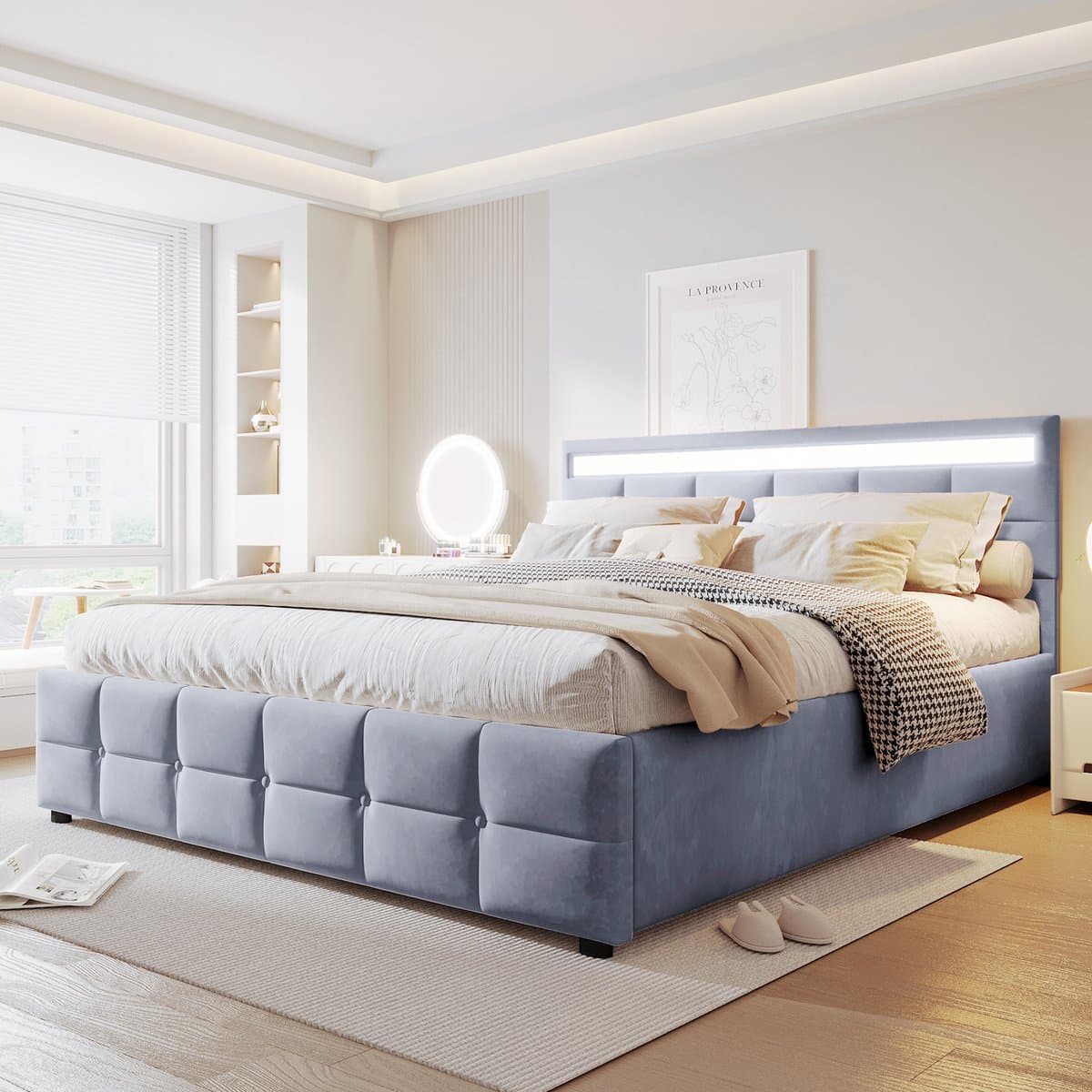 Gestoffeerd bed 180x200 cm - LED-verlichting - tweepersoonsbed - hoofdeinde met hoogteverstelling - grijs - zonder matras