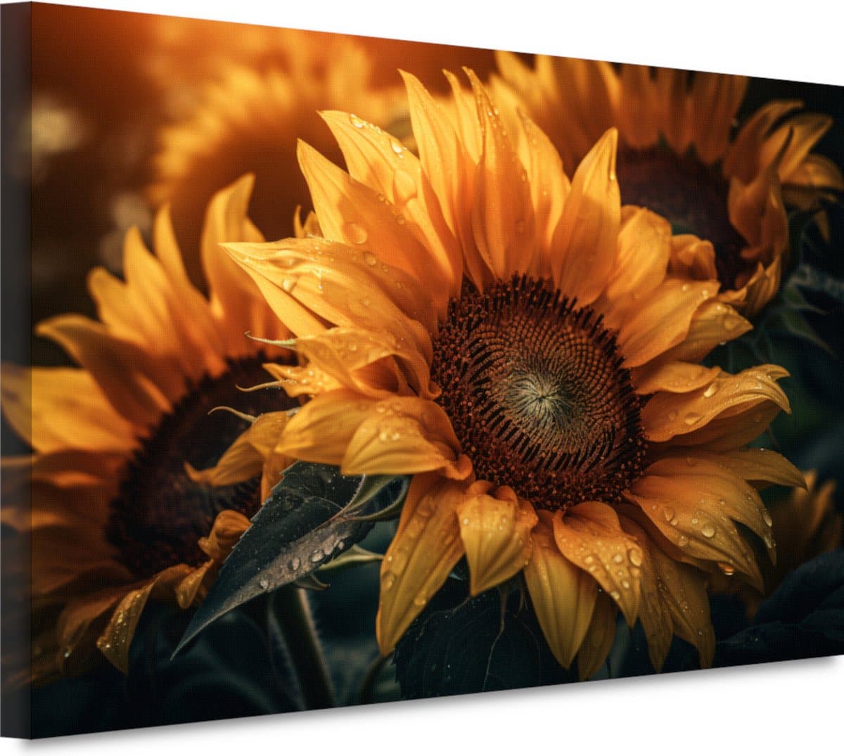 Zonnebloem schilderijen - Bloemen wanddecoratie - Schilderijen canvas Waterdruppels - Muurdecoratie modern - Canvas schilderijen - Woonkamer decoratie canvas 150x100 cm
