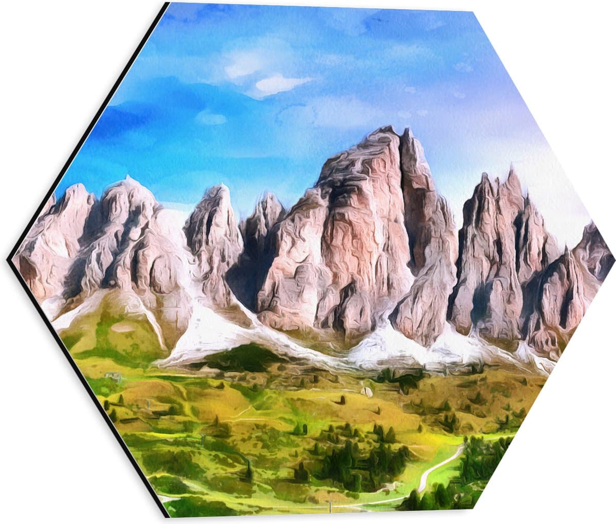 Dibond Hexagon - Schilderij van Groen Landschap onderaan Bergen - 40x34.8 cm Foto op Hexagon (Met Ophangsysteem)
