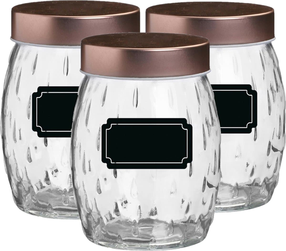 Voorraadpot/bewaarpot Beau - 6x - 1.2L - glas - koperen deksel - incl. etiketten