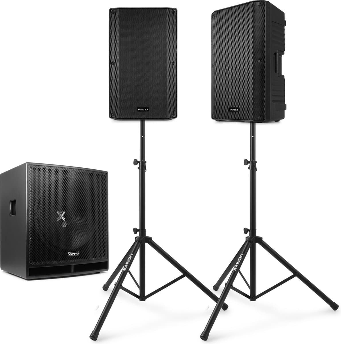 Geluidsinstallatie - Vonyx 2.1 geluidsset - 18'' subwoofer, 15'' tops en setje statieven - 3200W