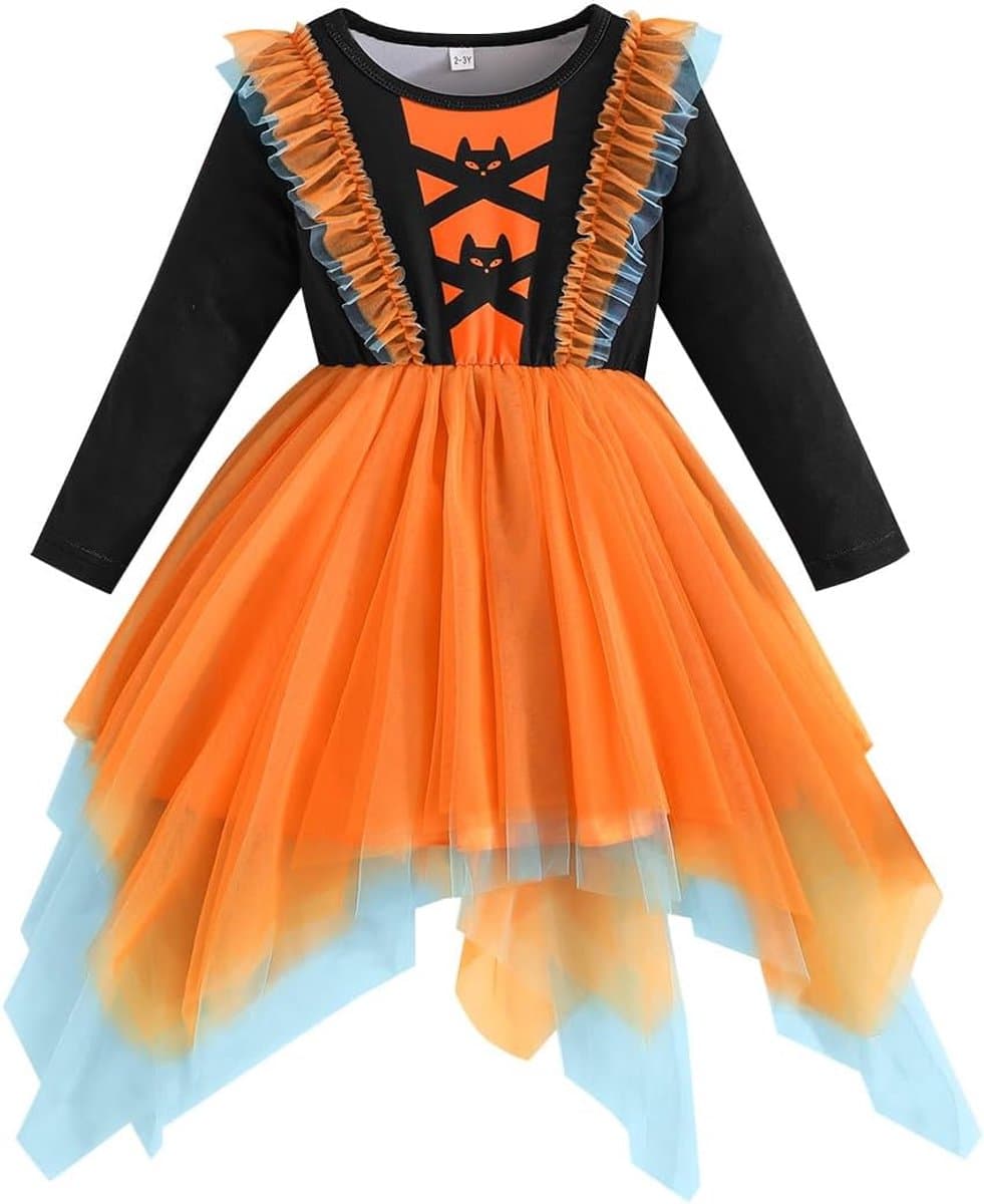 Meisje Halloween Jurk Onregelmatige Kleurrijke Tule Lange Mouw Jurken Peuter Baby Meisje Kleding Halloween Party Kostuum Outfits voor 2-8 Jaar