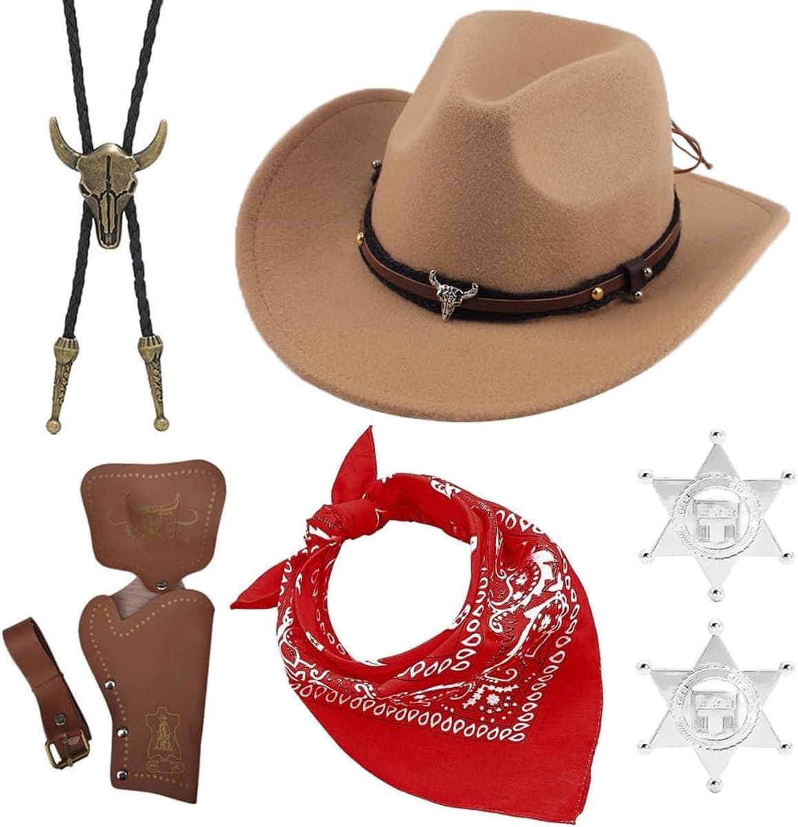 Cowboy Costume, 7PCS Western Cowboy Outfits Cosplay Accessories Kit Fancy Dress Set with Cowboy Hats Bandana Holster - ShopVlot