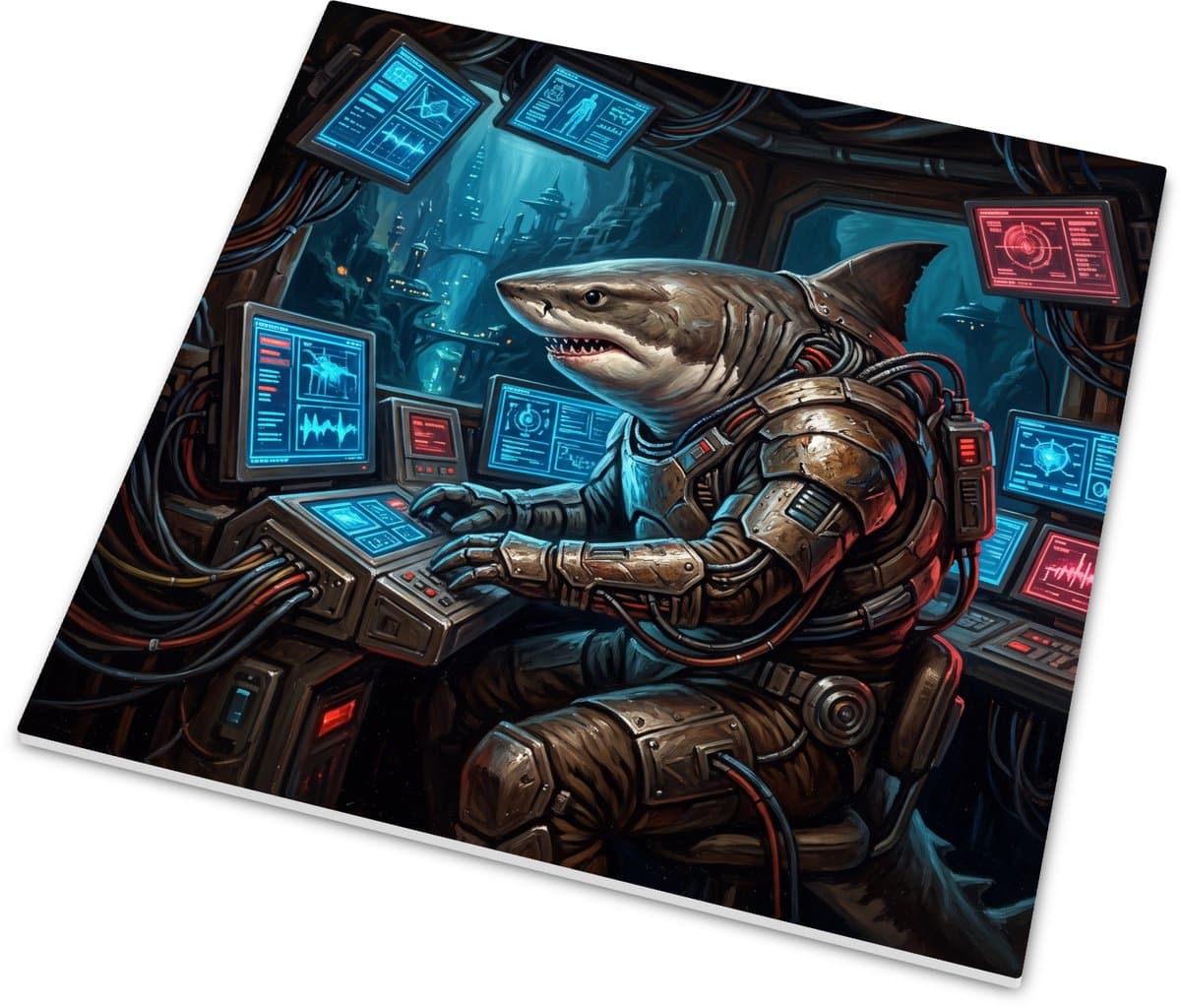 Tegeltje Cyberpunk Haai Beveiliger Futuristische Haai in Gevechtsharnas in Onderwater Controlekamer Glanzend Wandtegeltje met Hanger 15x15 cm glanzend