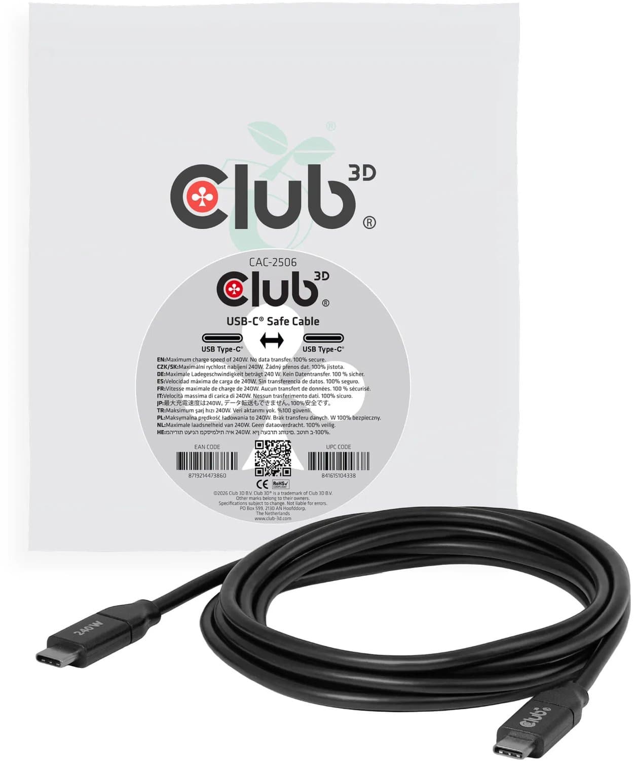 CLUB3D USB-C® veilige kabel 240W zonder dataoverdracht 2m/6,56ft