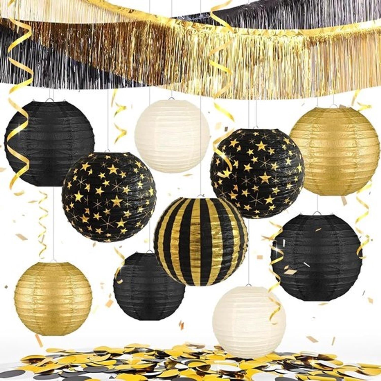 Papieren lantaarns - Feestdecoratieset - Feestelijke sfeer - Zwart-gouden thema - 16-delig - Zwart goud