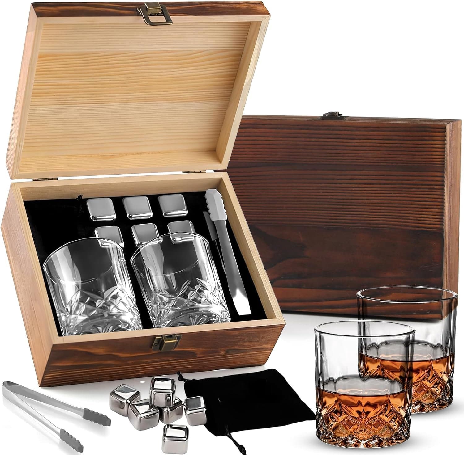 Sets voor mannen met 2 premium kristallen glazen en 6 whiskystenen in houten doos, whiskyglas, set van 2 met tang en fluwelen zakje, voor papa echtgenoot