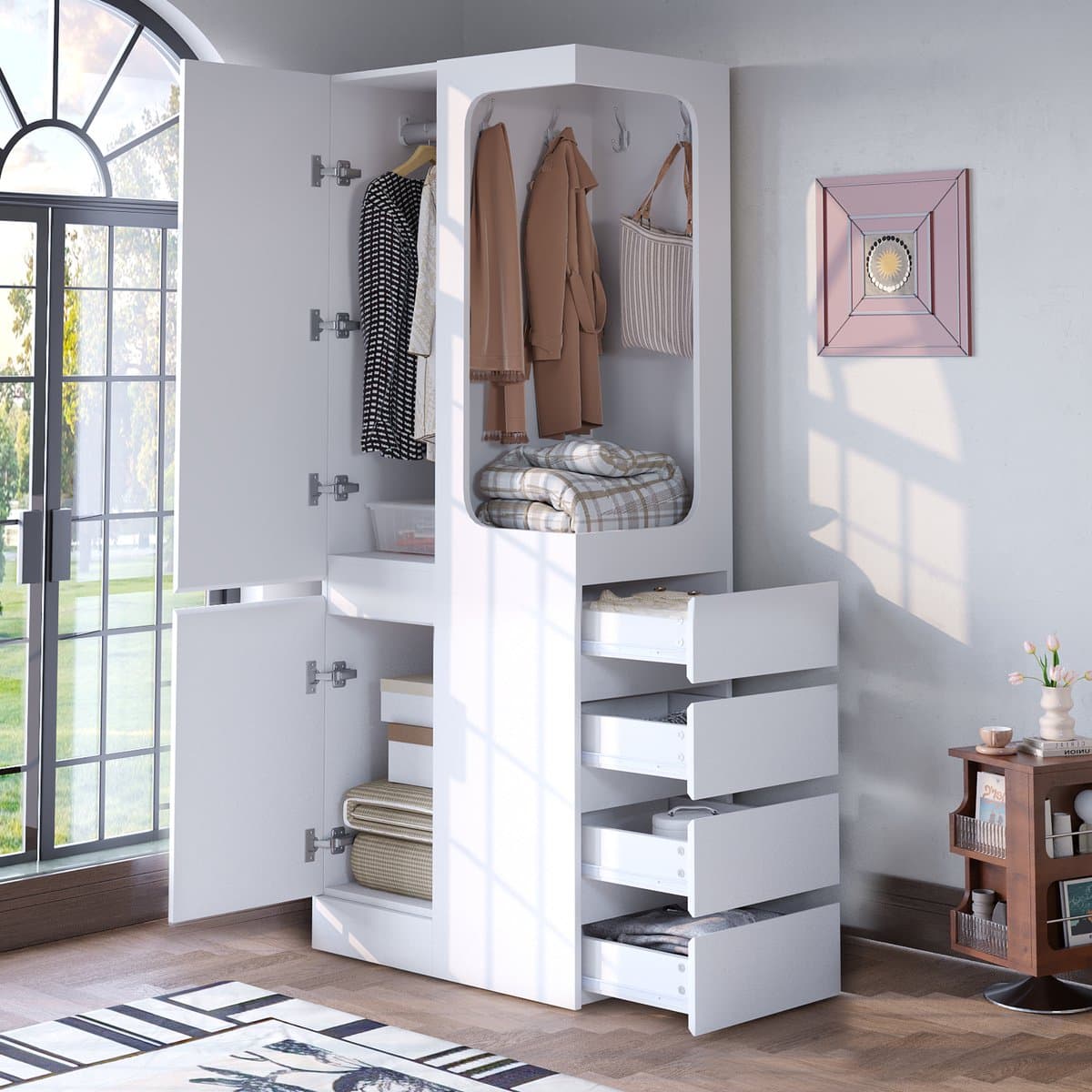 DESMIU Kledingkast – Met Vier Lades En Open Hanggedeelte – Voor Slaapkamer Woonkamer En Kantoor – Hout – Wit – 70 X 40 X 170 Cm