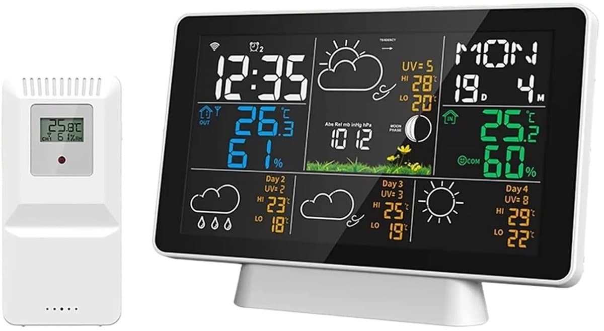 Weerstation Binnen Buiten - Hygrometer Thermometer - Weersvoorspelling Monitoren - 100 Meter Bereik - 75 Inch Display - Wit