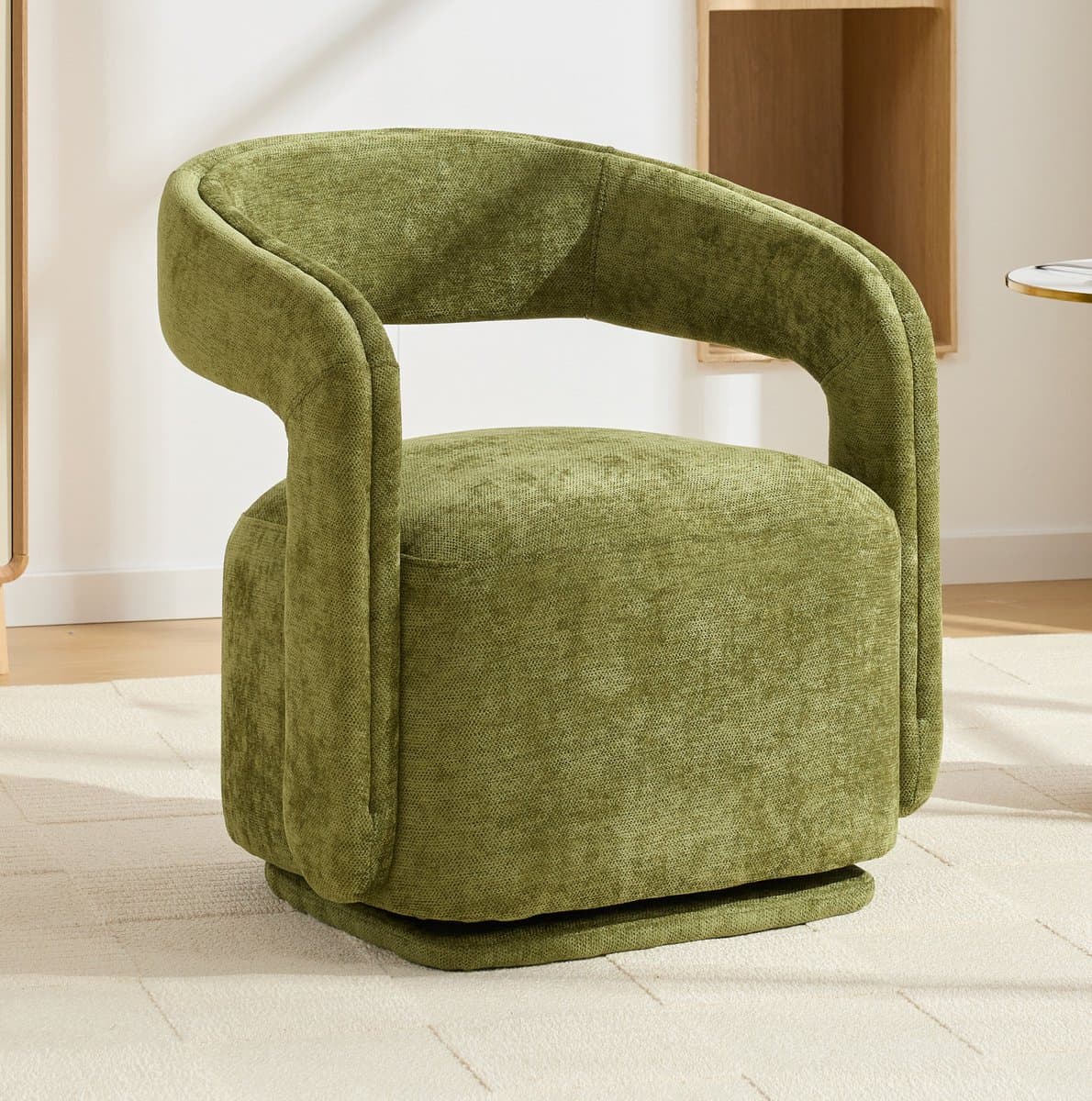 REDOM - Fauteuil - 360° draaibaar - Barrel chair met armleuningen - Gewatteerde zitting - Moderne stijl - Woonkamer - Chenille stof - Groen - 70 x 65,5 x 74 cm