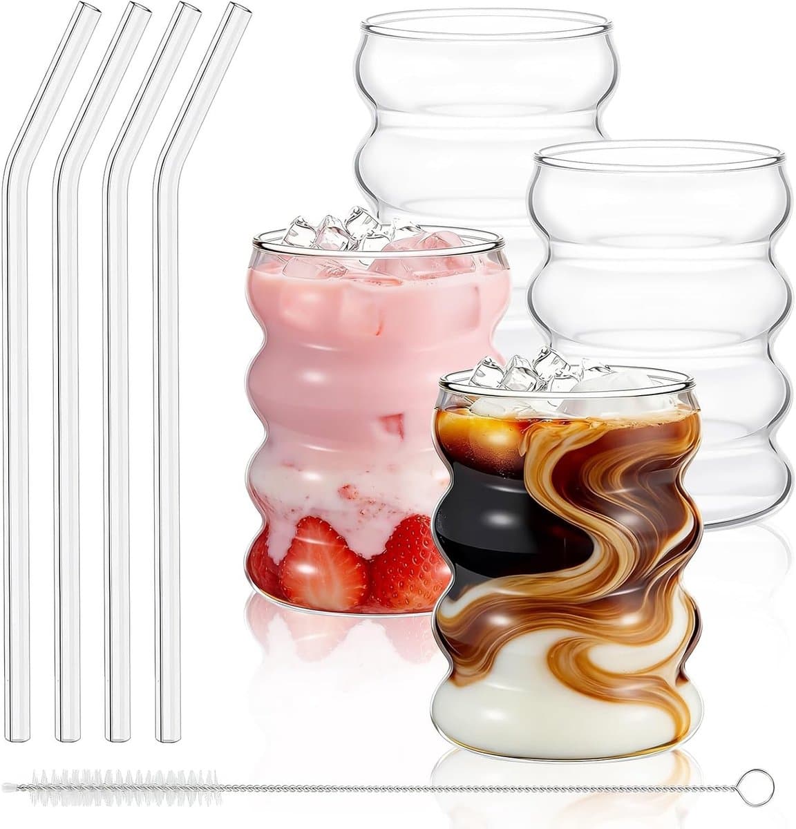 Set van 4 Bubble Glazen met Rietjes voor Latte Macchiato, Iced Coffee en Cocktails, Perfect voor Drankjes en Feestjes