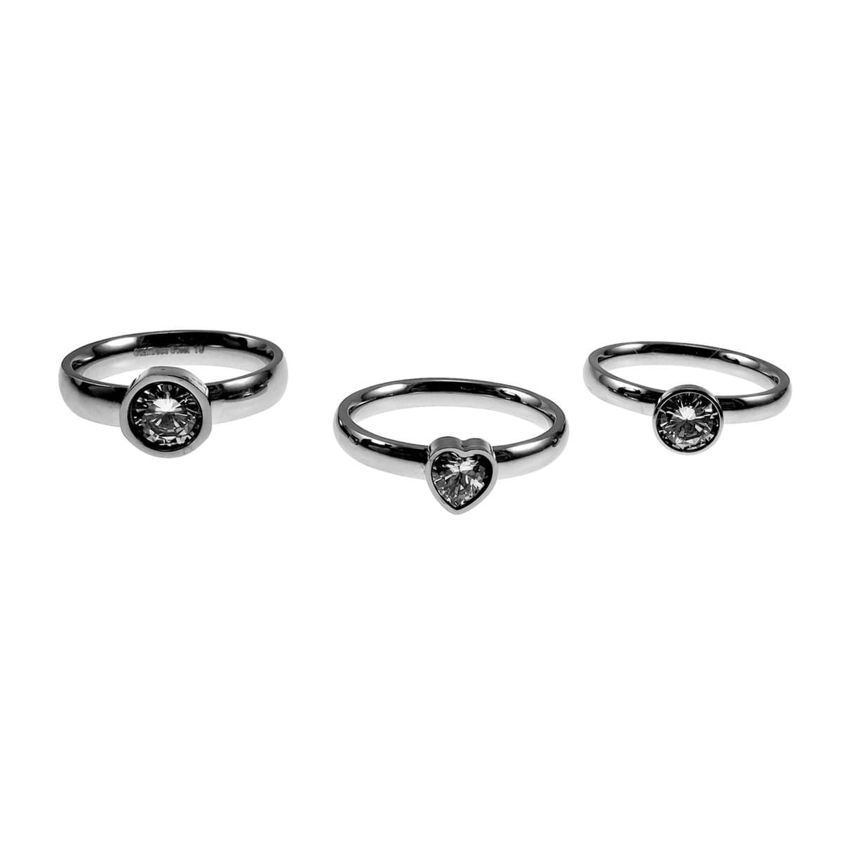 Ring Dames - Gepolijst RVS - Set 3-ringen - Ringen met Hart en Ronde Zirkoniasteen
