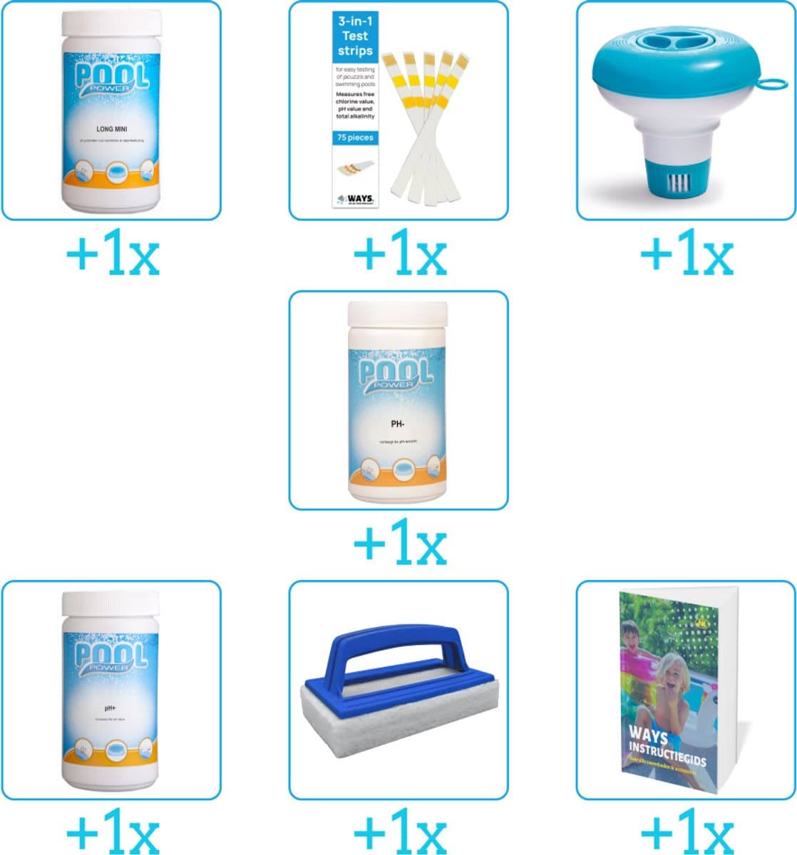 Zwembad Onderhoudspakket - Onderhoud Zwembad - bevat Chloor - Testrips - Chloordrijver - PH-min - PH-plus - Scrubborstel en Zwembadgids (7-delig)