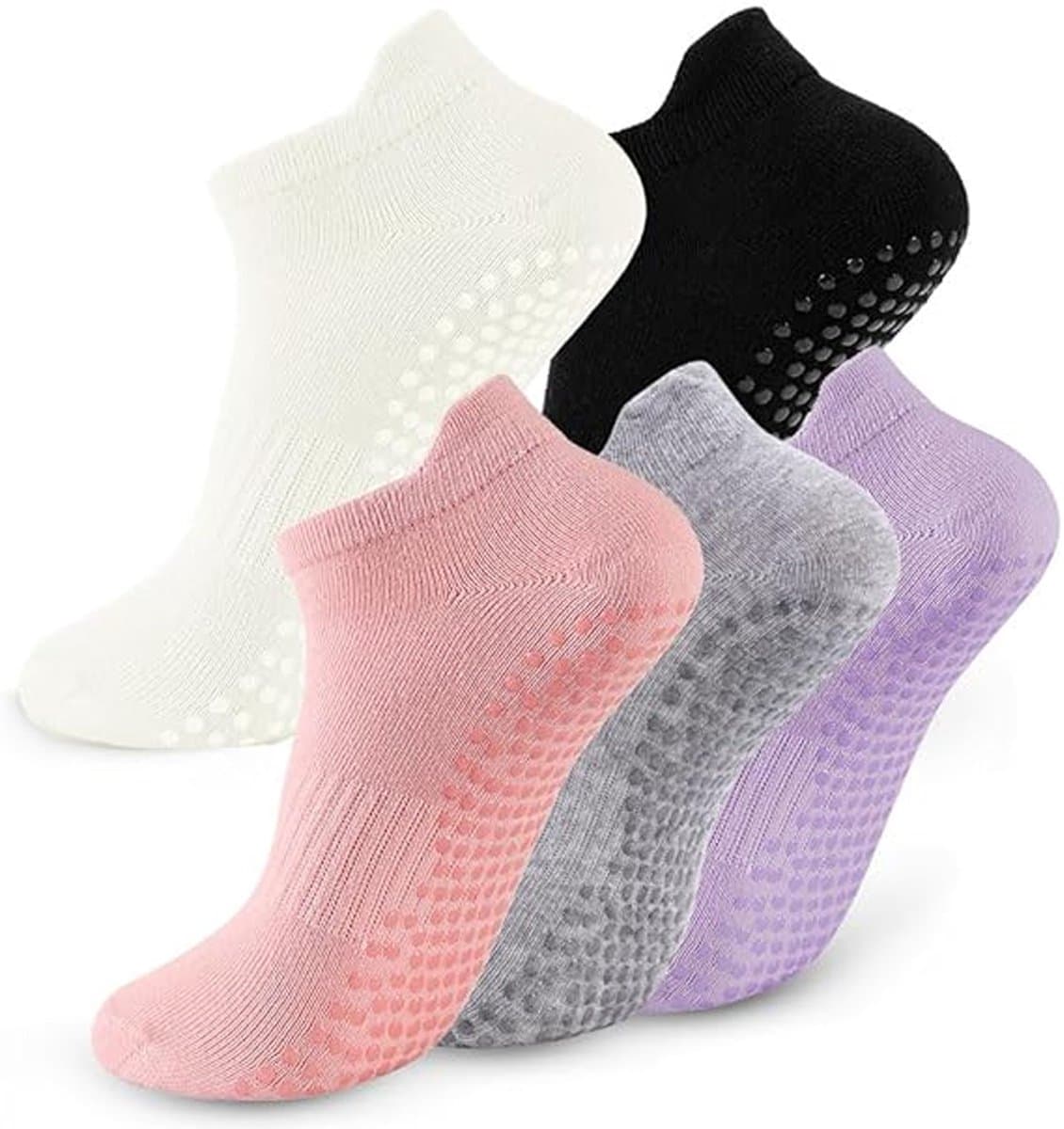 5 Paar - Dames Antislip Yoga Pilates Sokken - Yoga Sokken - Antislip sokken - Ademend Katoenen Enkelsokken met Grip - Roze, zwart, grijs, wit, paars - Voor Ballet, Dans, Fitness & Dagelijkse Workouts