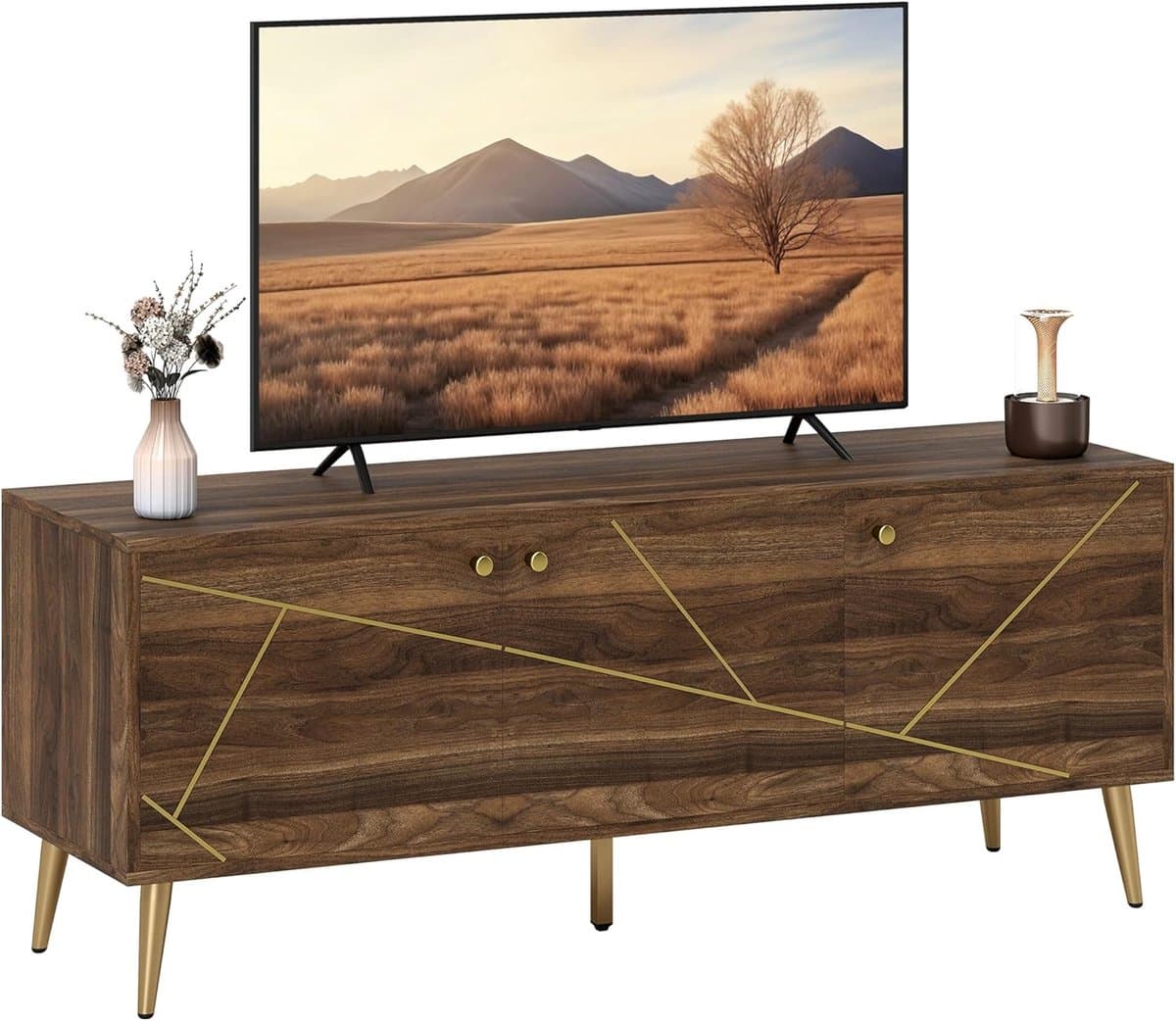 Houten TV-meubel voor Televisies tot 152 cm (60 inch) - Kast met Verstelbare Planken en Stalen Poten