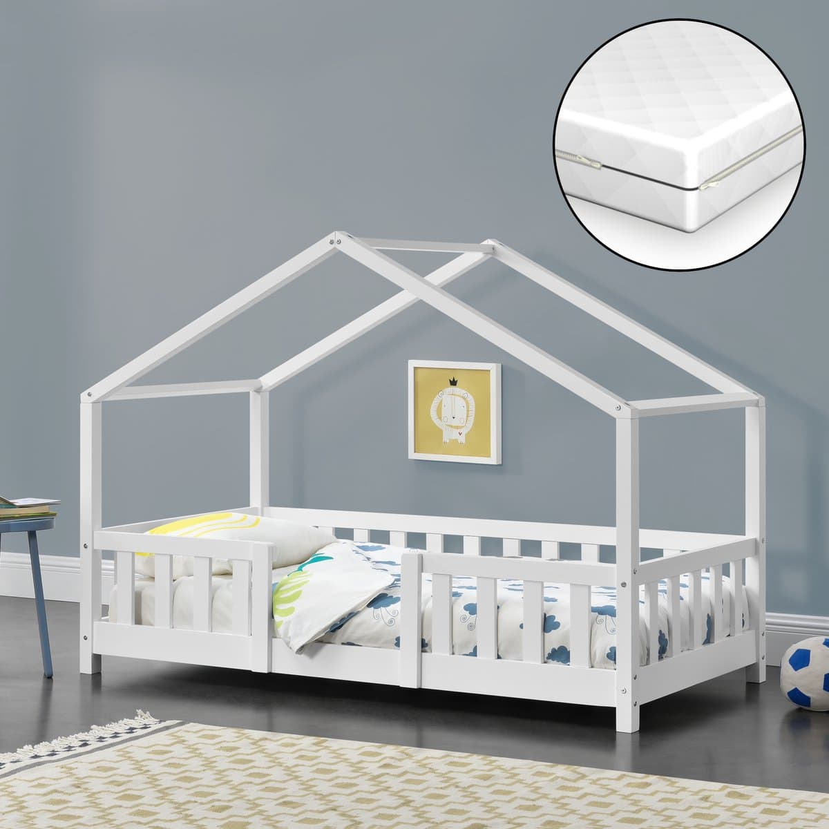 Kinderbed Treviolo met uitvalbeveiliging en matras 80x160 cm wit [en.casa]