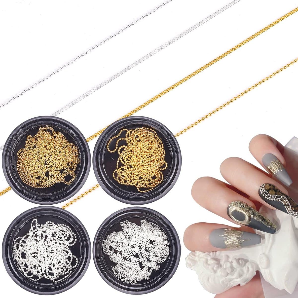 Lange Metalen Nagelsieraden Kettingen (Goud & Zilver) - 4 Strips Nageldecoratie voor Manicure & DIY