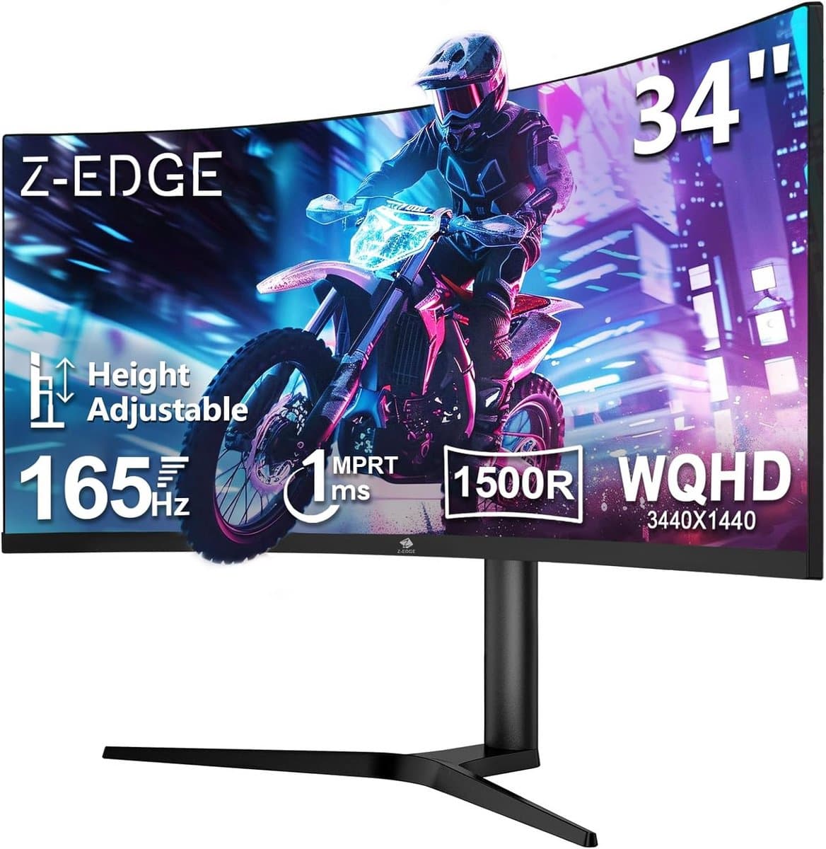 34 Inch Curved Gaming Monitor met 165Hz en 1ms Reactietijd - UWQHD 3440x1440, Verstelbare Hoogte en Kanteling, FreeSync