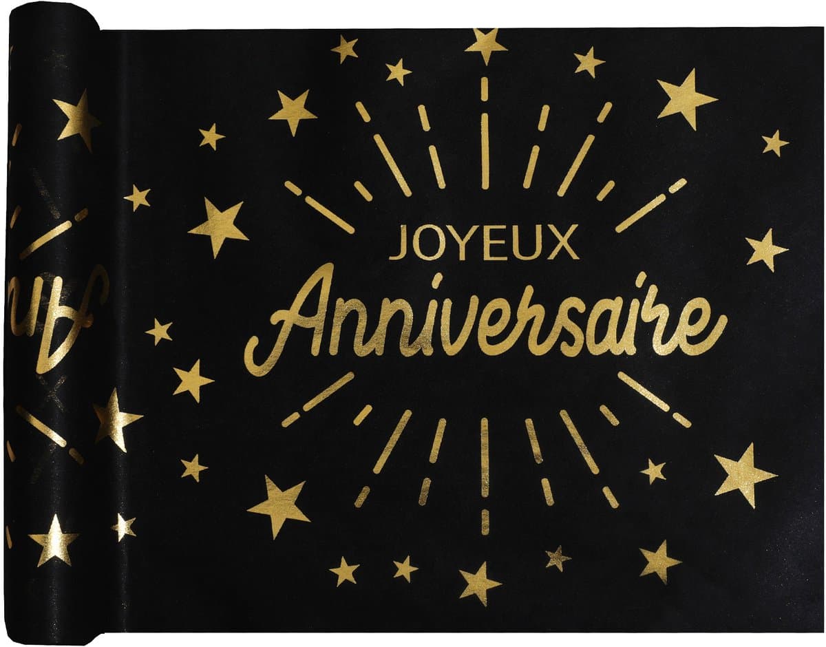 SANTEX - Non-woven Tafelloper Verjaardag Zwart Goud 5 m x 30 cm Chique Decoratie