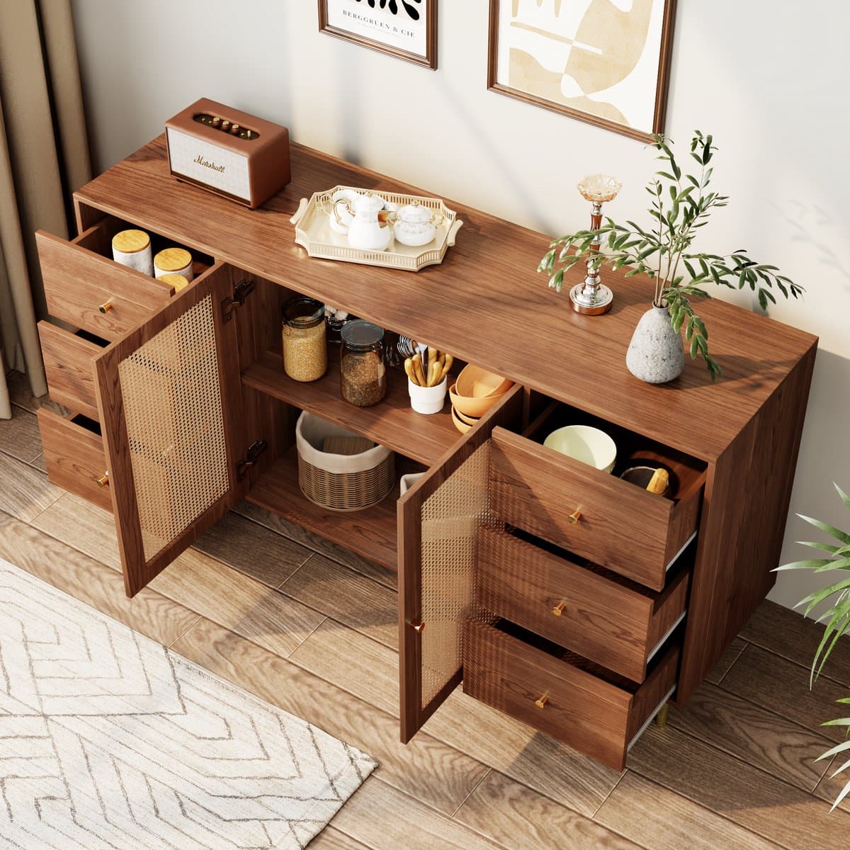 STILVORA Dressoir - Rattan Dressoir Met 6 Lades En 2 Deuren - Multifunctionele Opbergkast Voor Woonkamer En Keuken - MDF - 160x40x90 cm - Bruin