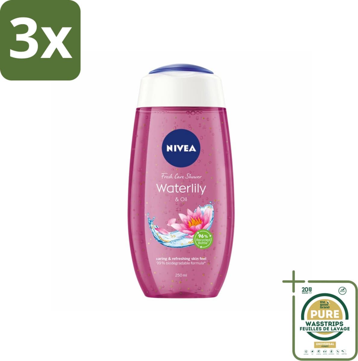 3 x NIVEA - Douchegel - Waterlelie & Olie - Verfrissende Huid - 250 ml - Grootverpakking - Douchegel Waterlelie - Verzorgende Douchegel - Huid Verzorging - Hydraterende Douchegel - Olieparels