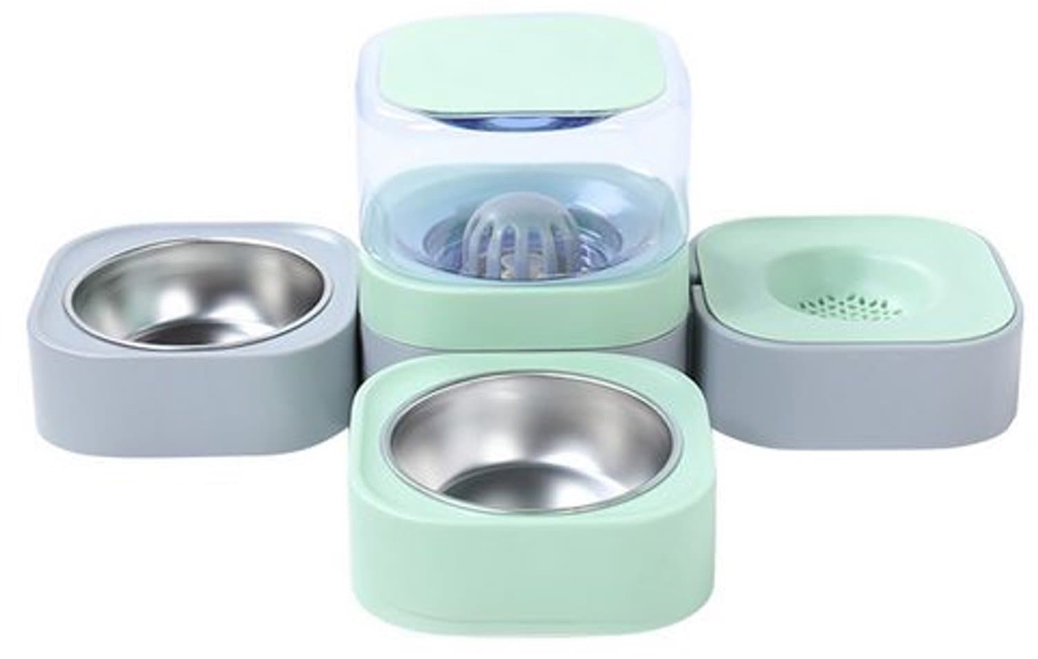 Automatische voerautomaat voor honden en katten, waterdispenser met 2 voerbakjes.