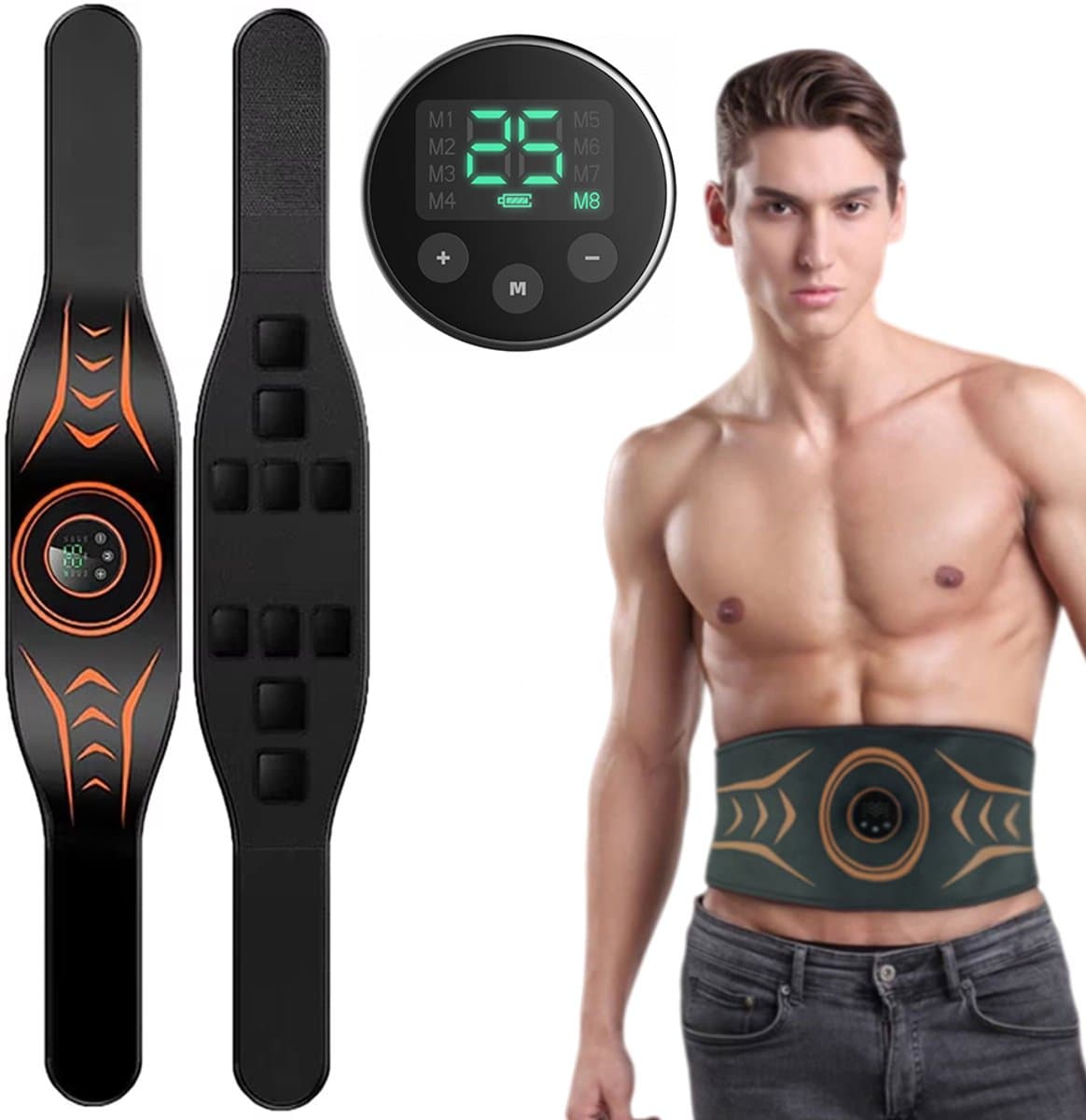 EMS Massage Tailleband - Elektrische Buikspiertrainer - Trillingspulstherapieapparaat - Buikspierstimulatieband - Afslanken en Vormgeven - 8 standen - 25 intensiteitsniveaus - 200mAh - PU-leer - Zwart