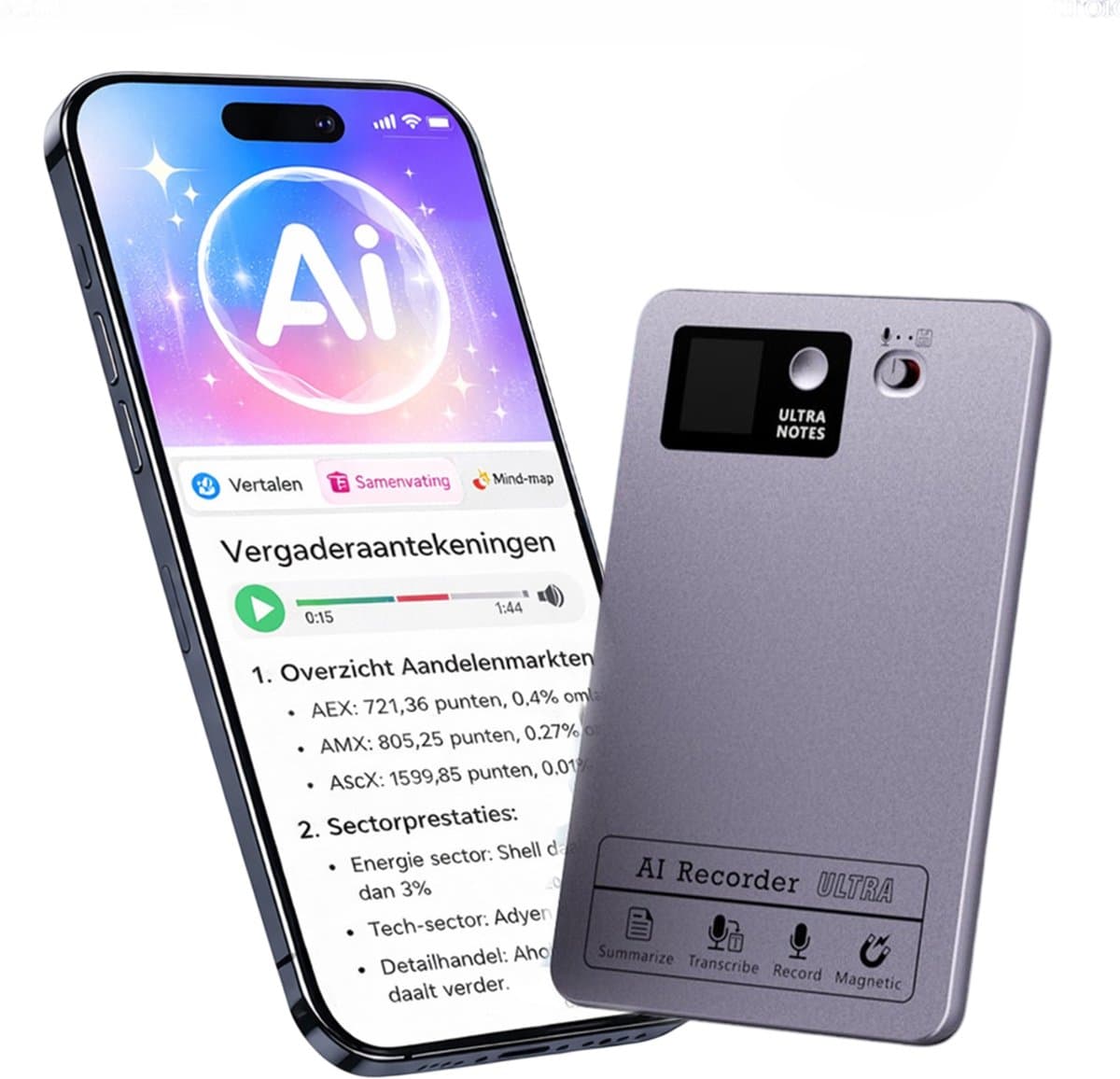 Topmelon AI Voice Recorder - Slimme Spraakrecorder met AI - Ultradunne - 64 gb intern geheugen - 152 Talen - met Beeldscherm -Transcriberen, Vertaling en samenvatten