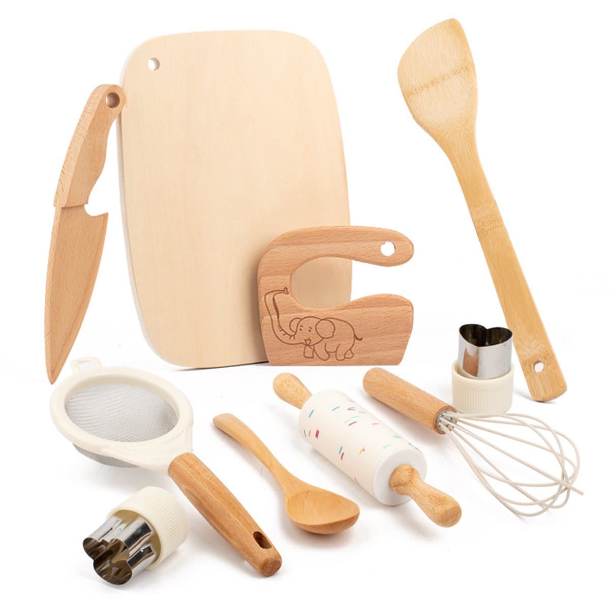 10-delige Montessori keukenset voor peuters, houten kindvriendelijk mes, bakset voor kinderen om echt mee te koken, keukenspeelgoed voor rollenspellen, cadeaus voor jongens en meisjes