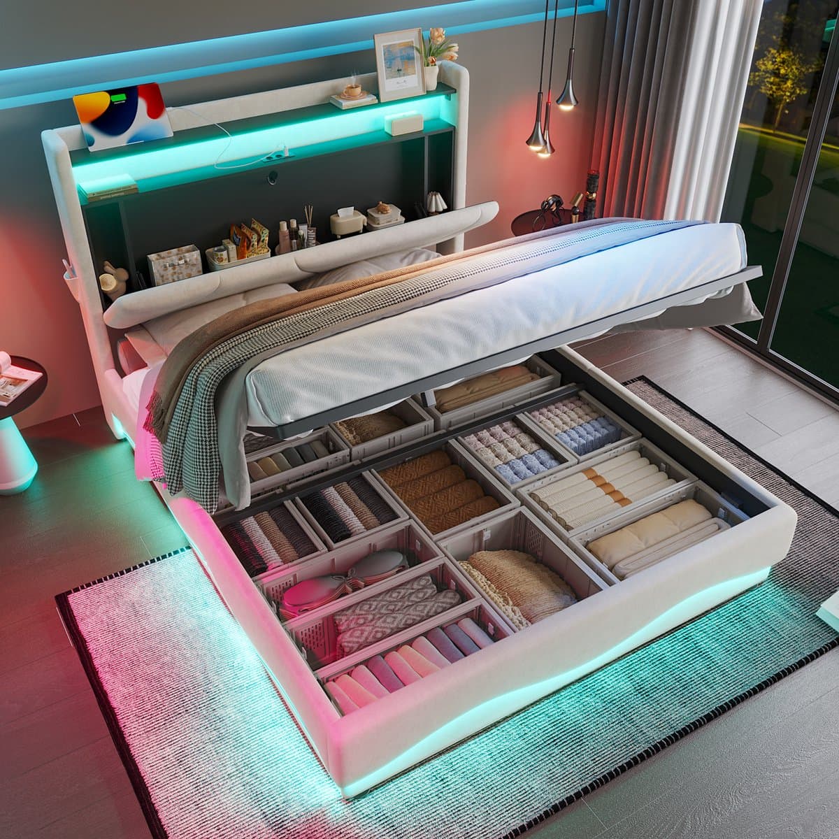 Wishdor Gestoffeerd Bed – 160 x 200 cm – Hoofdbord met Open Opbergvak en Ledverlichting – Hydraulische Opbergruimte – Usb en Type-C – Fluweel Beige – Smart Design voor Luxe Slaapkamer – Stevig tot 300 kg