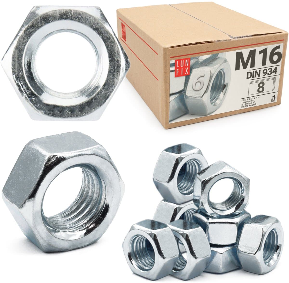 LUN FIX - Zeskantmoer M16 - 8 Stuks - DIN 934 - Sterkte 8 - Verzinkt staal - Moeren voor schroeven