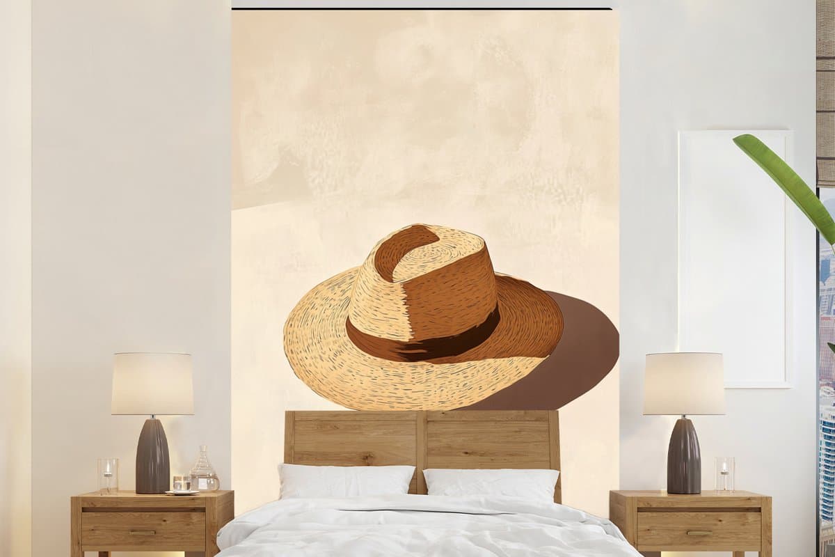 Behang - Fotobehang Hoed - Minimalistisch - Schaduw - Beige - Breedte 160 cm x hoogte 240 cm