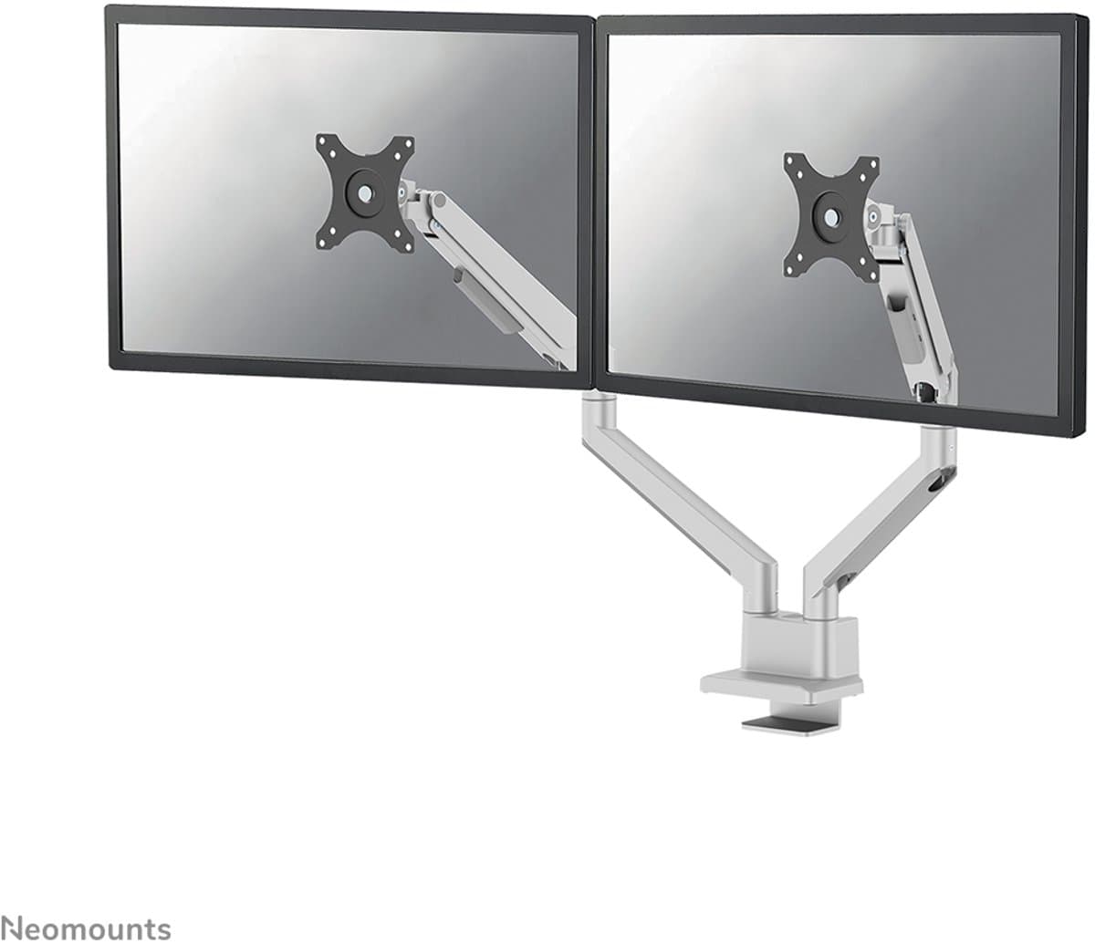 Neomounts NEXT Slim DS70-250SL2 Monitorarm 2 schermen - 17-32" - 1-9 kg/scherm (curved 8 kg/scherm) - gasveer - 180°-stop - Topfix - Easy Install-model - 100% plasticvrije verpakking - zilver