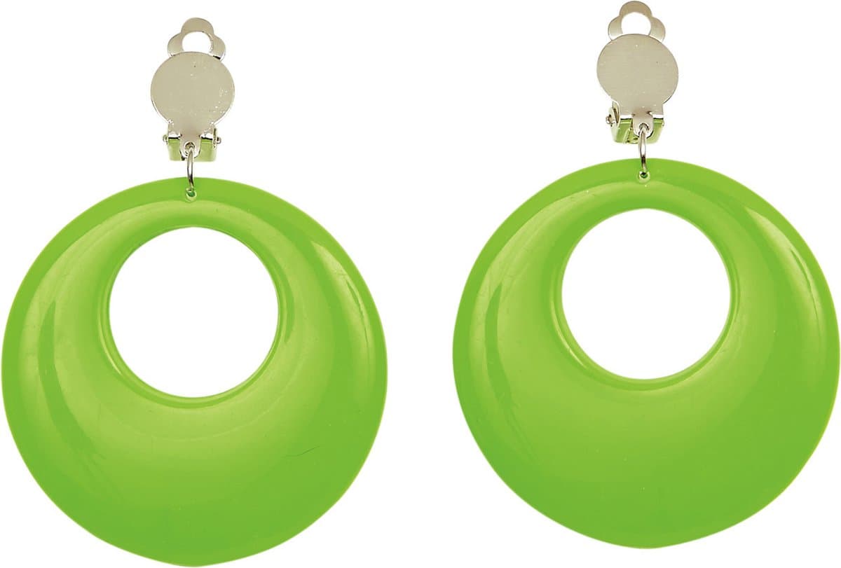 Verkleed oorbellen Retro - neon groen - kunststof - met clip - Disco/jaren 70 thema accessoires