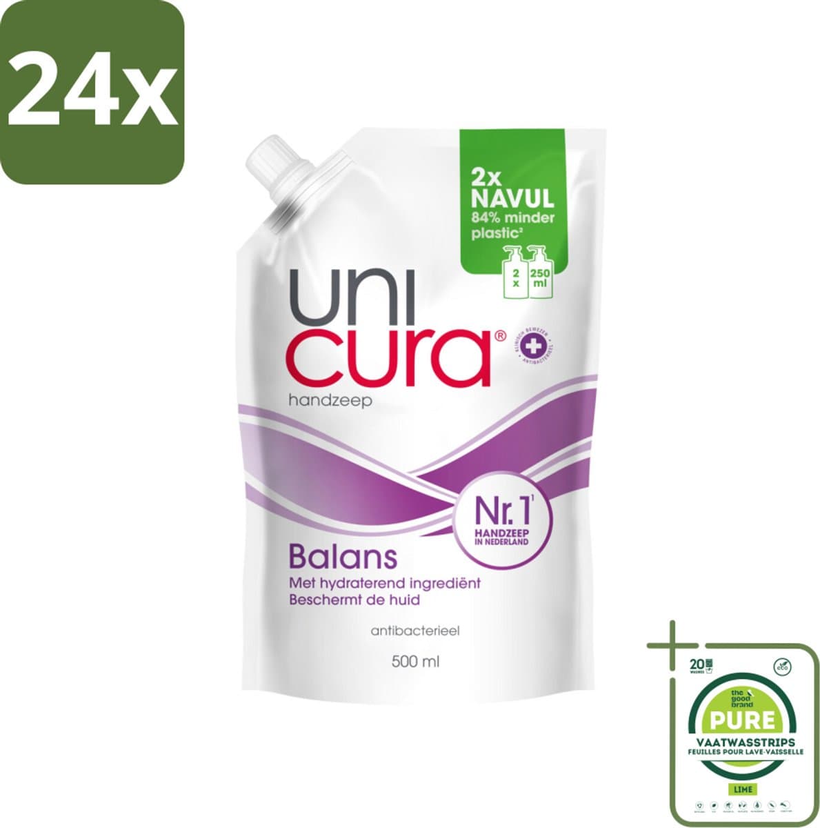 Unicura – Vloeibare Handzeep Navulling – Balans – 500 ml - Voordeelverpakking - 24 stuks - Handzeep - Antibacterieel