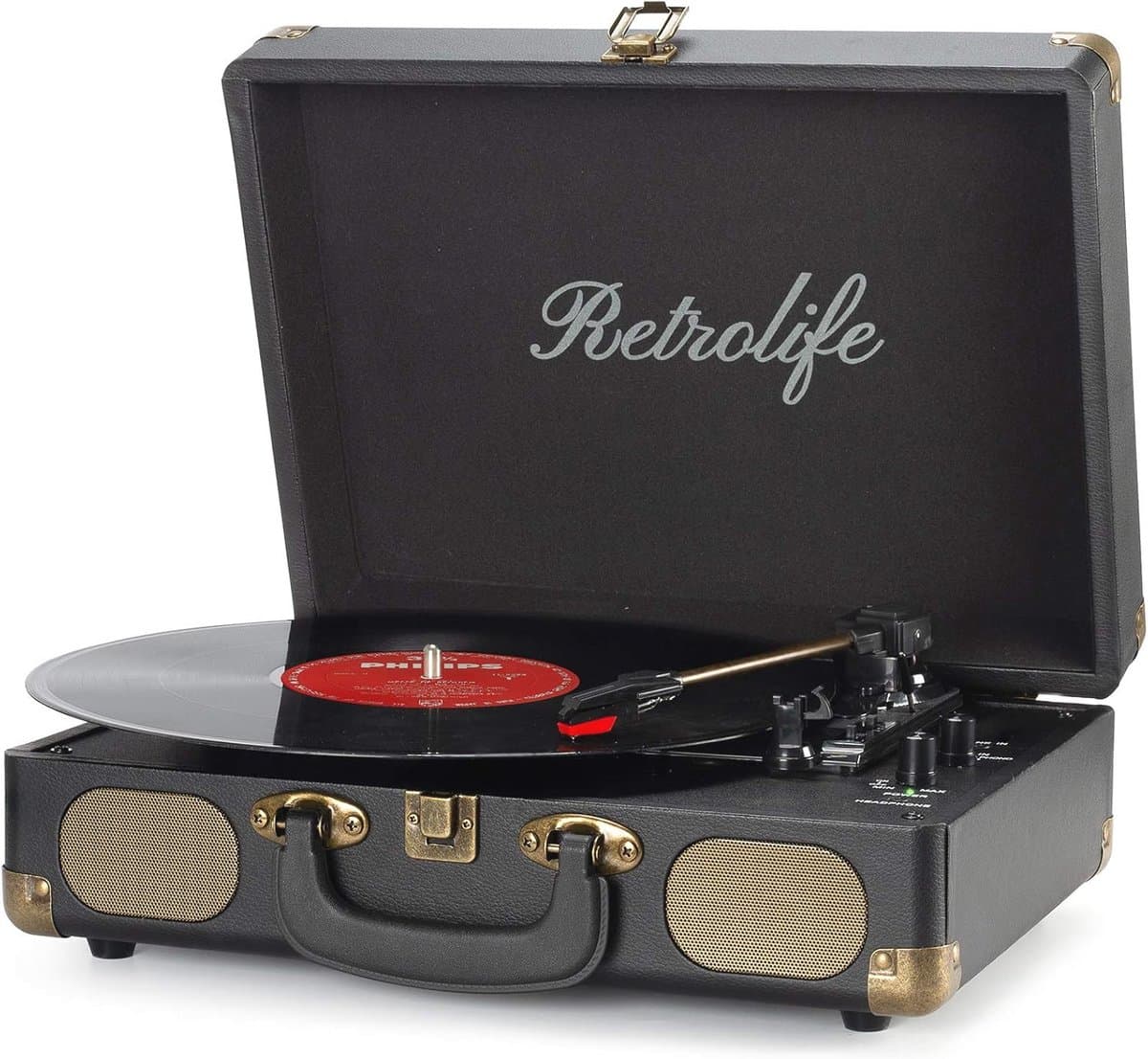 Draagbare Vinyl Platenspeler met Bluetooth en Ingebouwde Luidsprekers, 3 Versnellingen, Vintage Ontwerp
