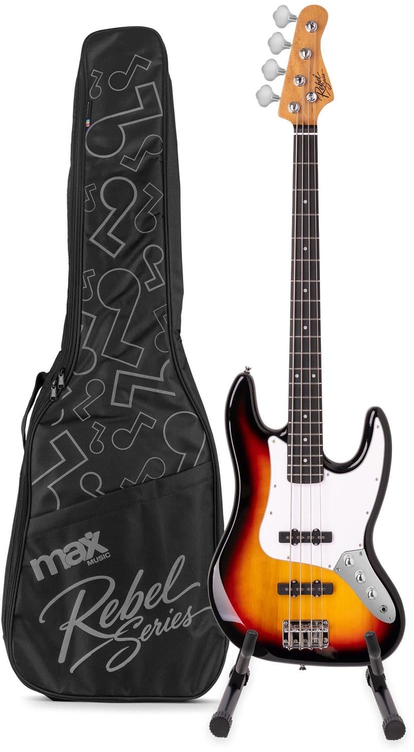 MAX Rebel JB Basgitaar - Roasted maple hals - Inclusief tas en standaard - Sunburst