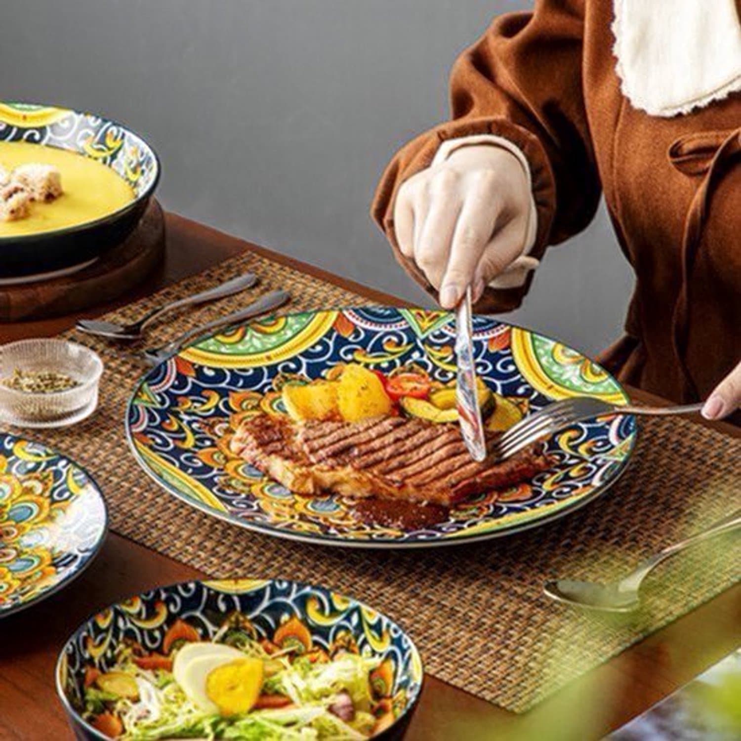 Servies - Servies set - 24 Stuks - Keramisch - Steengoed - Met Diner/Dessertbord - Ontbijtgranen - Pastakom - Bohemian Stijl