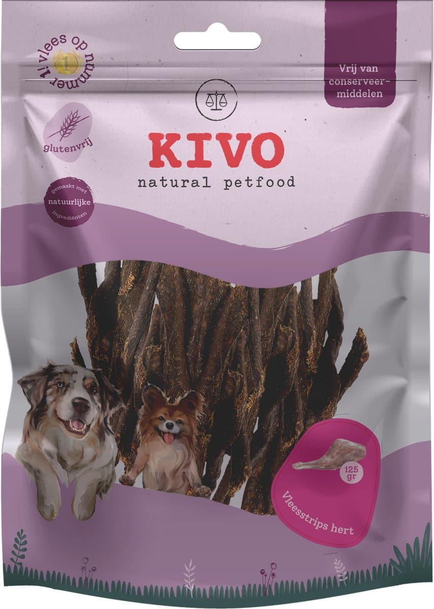 Kivo Petfood Hondensnack Vleesstrips Hert 125 gram - Graanvrij en Glutenvrij