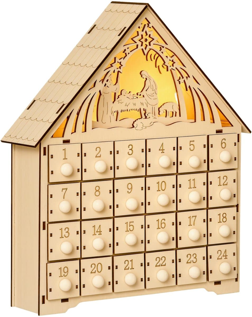 TEKROA®Houten adventskalender met 24 lades en 5 ledlampjes - 26 26,6x6x30cm