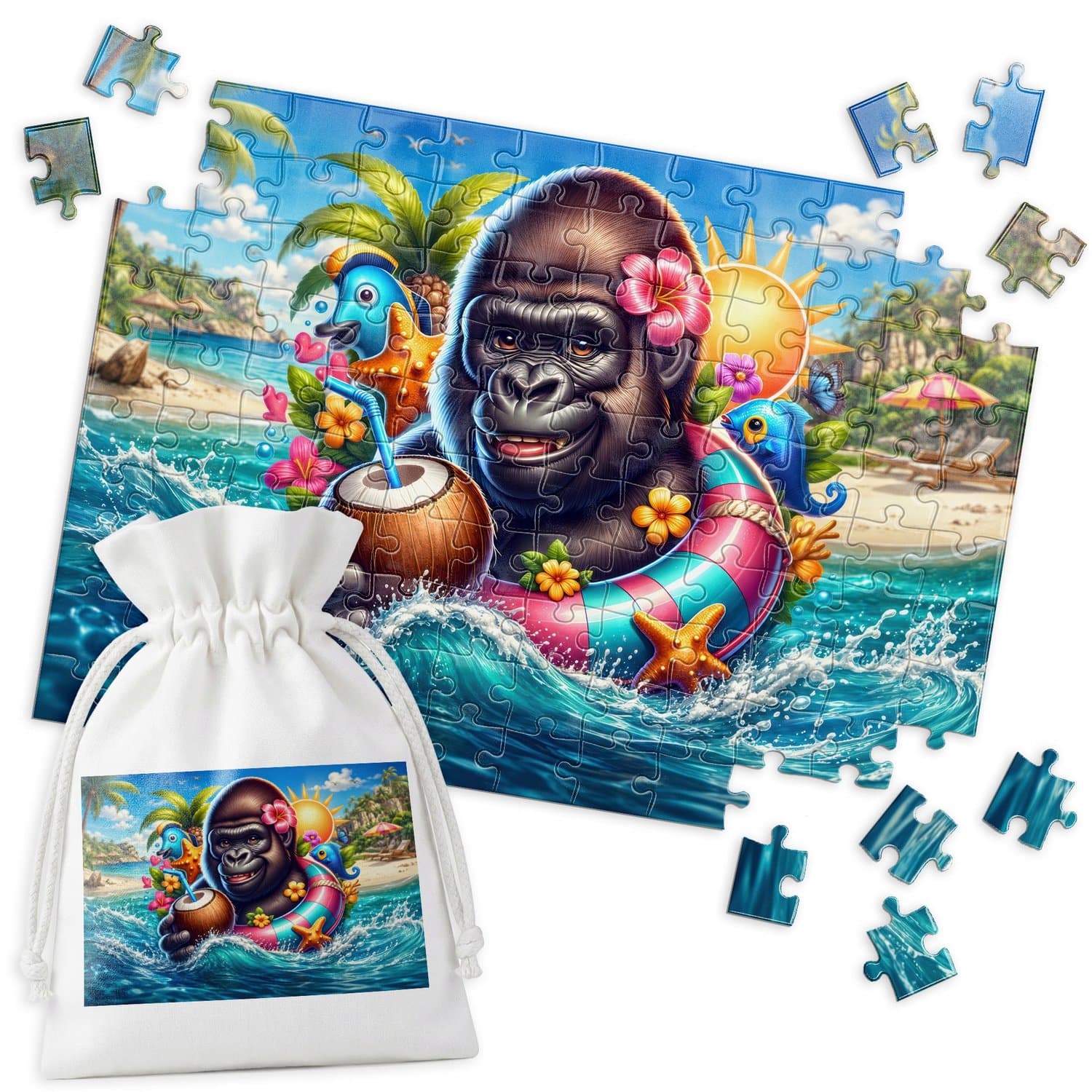 120-delige Puzzel: Gorilla met Kokosnoot - Oceaanlandschap