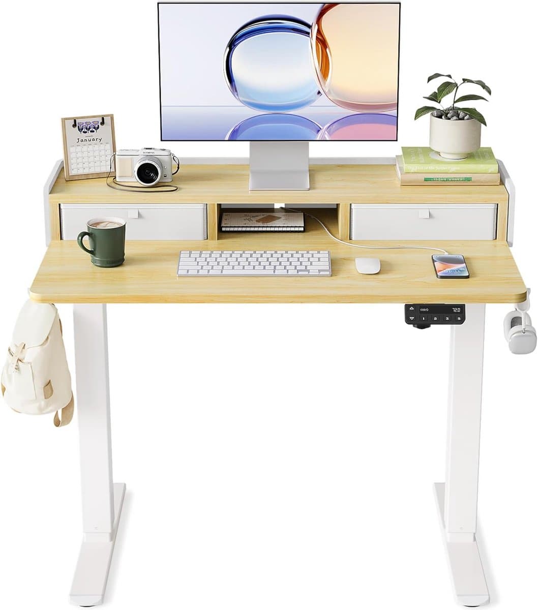 Elektrisch Zit-Sta Bureau met Laden en Monitorverhoging - 100x60 cm - Hoogte Verstelbaar met Geheugenfunctie
