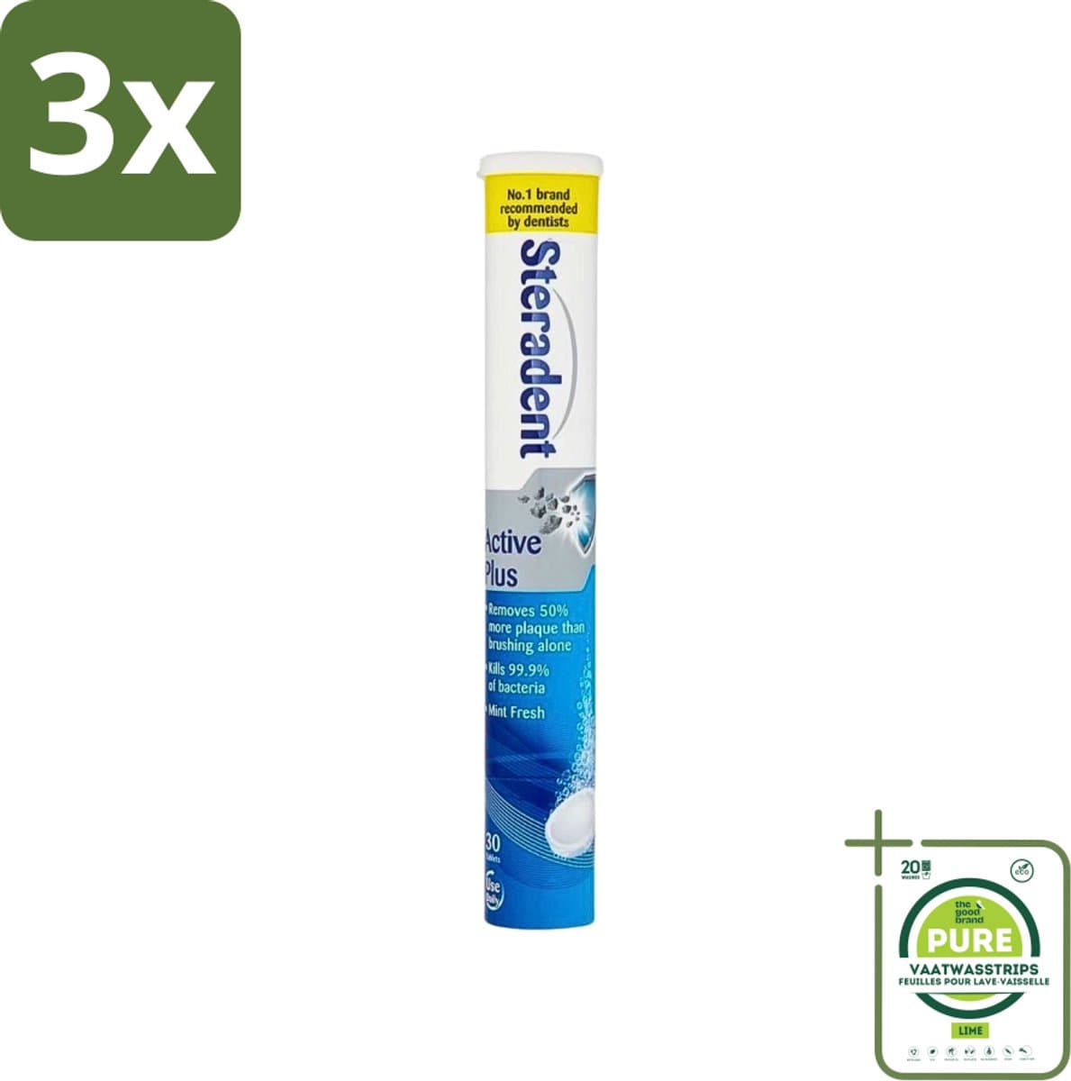 3 x Steradent - Reinigingstabletten - Active Plus - Tegen Tandsteen & Bacteriën - 30 Tabletten - Grootverpakking - Kunstgebit Reiniging - Tandsteen Verwijderen - Bacteriën Doden - Mondhygiëne - Kunstgebit Tabletten