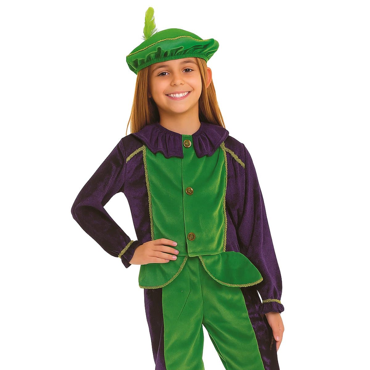 Pietenpak Kind 4-6 Jaar – Groen Paars – 3-Delig Pieten Kostuum met Muts – PartyFX Verkleedkleding