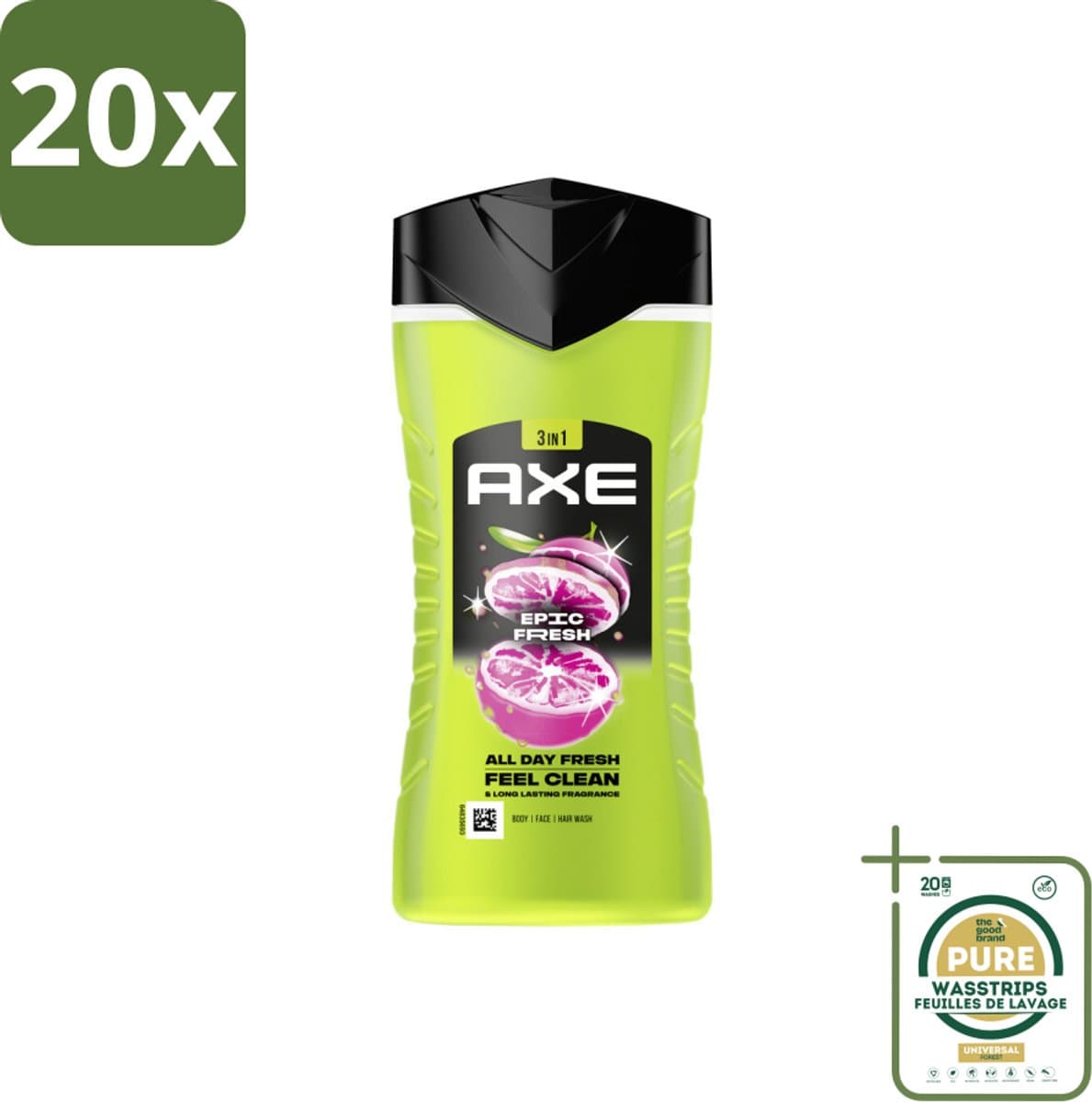 20 x Axe 3-in-1 Douchegel Epic Fresh 250 ml - Grootverpakking - 3-in-1 Douchegel - Frisheid - Grapefruit - Tropische Ananas - Lichaam