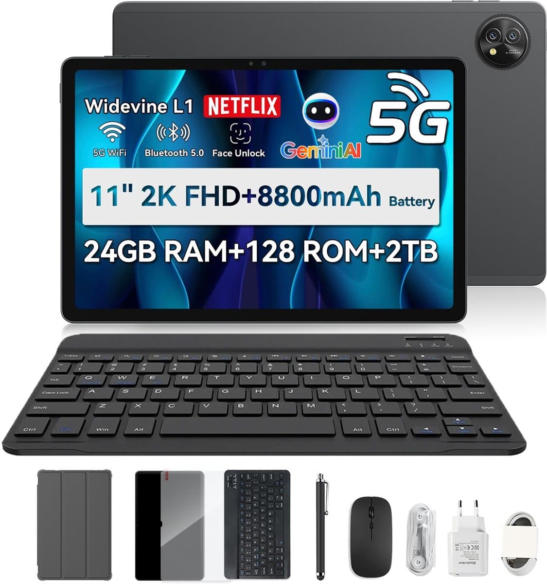 Blackview Zeno 10 tablet, 11 inch FHD 1920 x 1200, 5G Android 15 Gemini AI Unisoc T8200, 24 GB RAM + 128 GB ROM, 8800 mAh, PC-modus, Widevine L1, gezichtsherkenning, 16 MP + 13 MP, GPS, OTG, gamingtablet met toetsenbord en pen