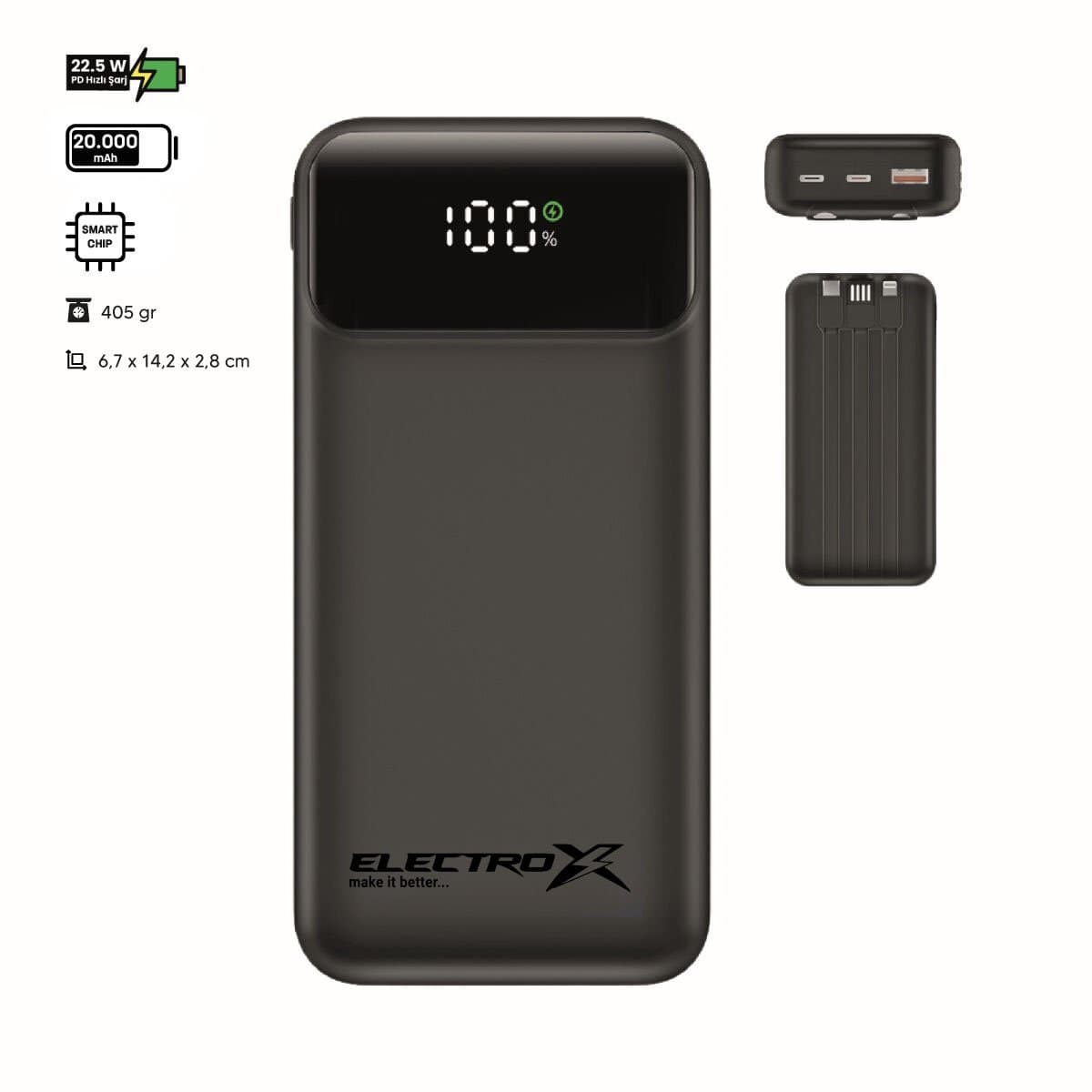 Electrox - Powerbank 20000 mAh - 22.5W Snellaad Functie - USB-A, USB-C & iOS - Universeel voor Smartphones, Tablets & Gadgets - Reis Powerbank - Draagbare Lader - Quick Charge - Zwart