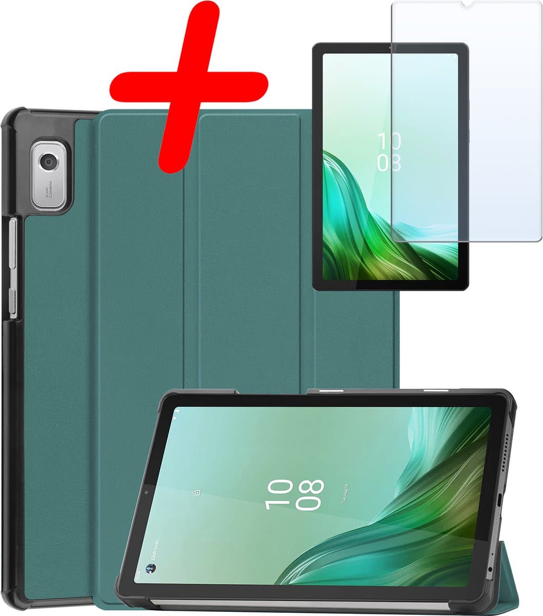 Hoesje Geschikt voor Lenovo Tab M9 - Met Screenprotector - Trifold Bookcase - Hard Cover - Hardcover Book Case - Tablet Hoes - Donkergroen