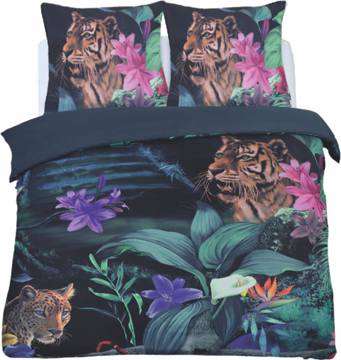 2Persoons-Lits-jumeaux - Jungle Tiger Dekbedovertrek set-Ultra soft microPercal dekbedhoes 240x220 cm + 2 kussenslopen 60x70 cm Multi
